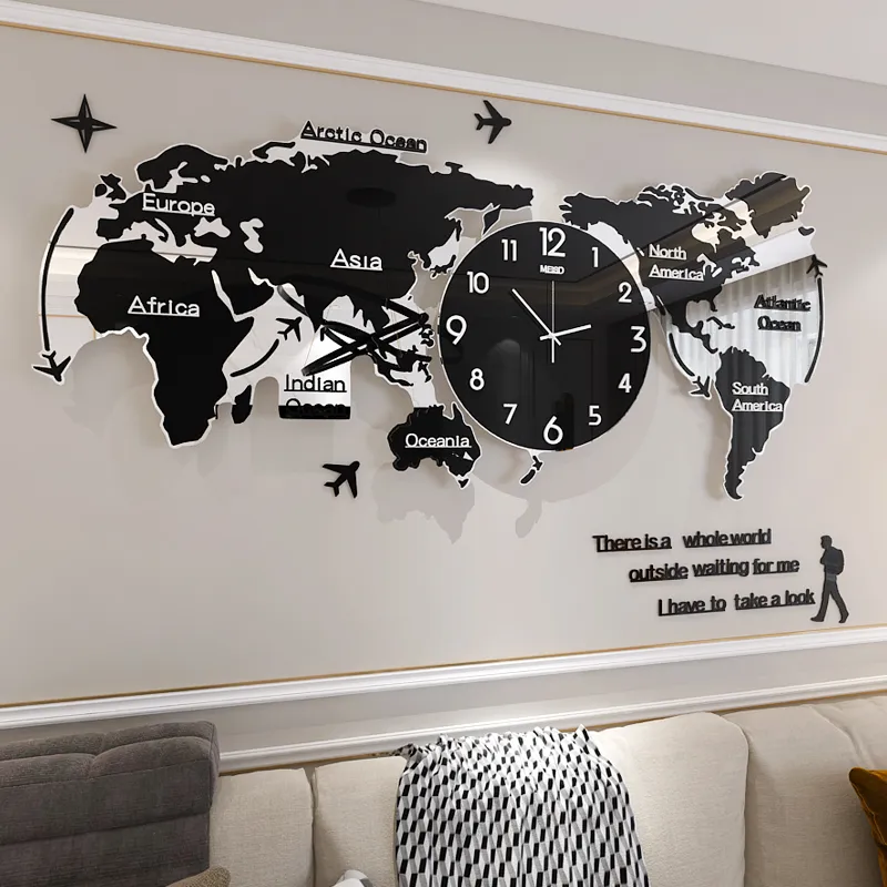 Mappa del mondo creativo Grande orologio da parete Moderno acrilico 3d Orologi da parete Decorazioni per la casa Soggiorno Meccanismo orologio da parete silenzioso Saat FZ592 LJ201204