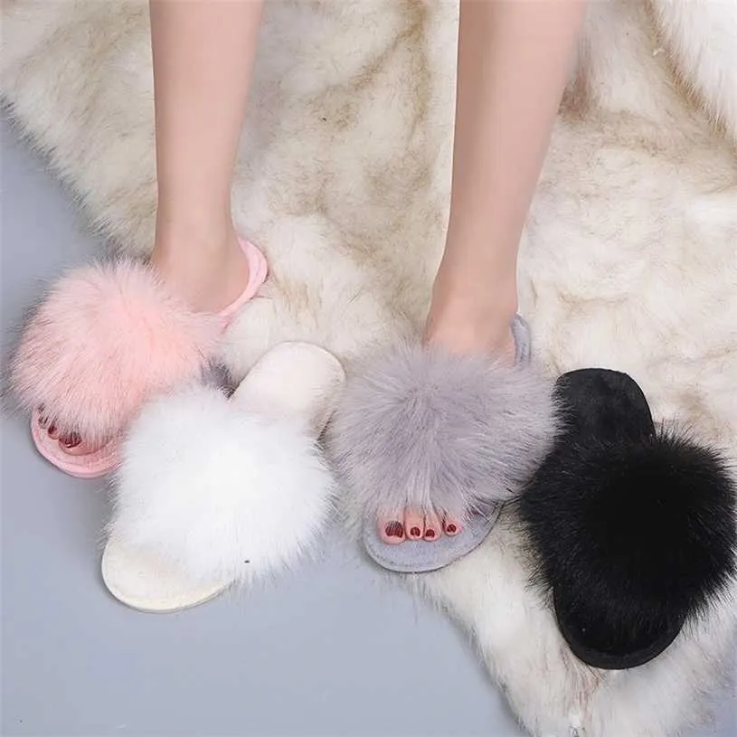 Hiver Maison Femmes Furry Pantoufles Chaud Faux Plat Chambre Dames Chaussures Slip-on Intérieur Diapositives 211229