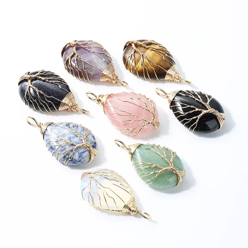 Healing Crystal Natural Stone Waterdrop Charms Twine Tree of life Gold Wire Wrap Pendant Turquoise Amethyst Tiger Eye Rose Quartz Wholesale Jewelry gift