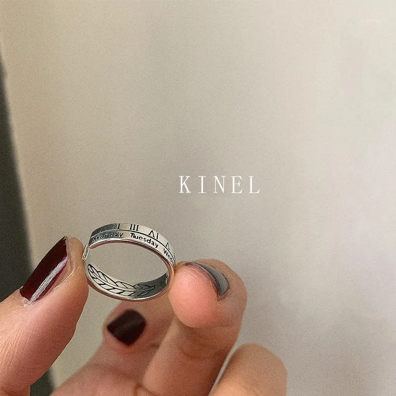 Kinel S925 Стерлинговое серебряное винтажное кольцо для женщин личности Rome Digital English Alphabet Simple Double Layer Open Ring1
