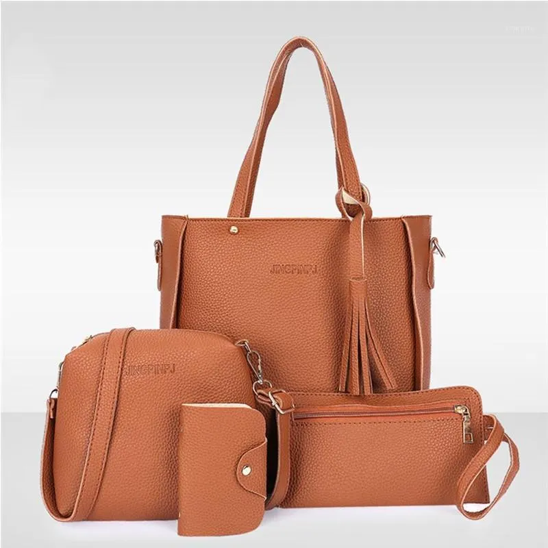 Kobiety 4 sztuk / zestaw Tassel Torebki Top-Hands Moda Messenger Handbag Set PU Skórzane torby kompozytowe Bolsa Femina1