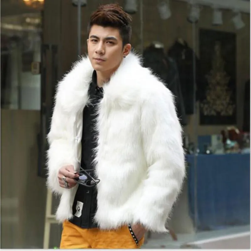 Mens Winter Faux Fur Coat With Turn Down Collar Solid Black And