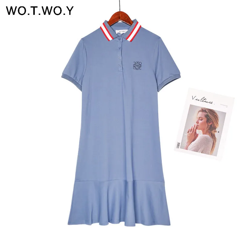 Vestido de camisa de polo de volantes de verano Mujeres Emroidería Kawaii Pink Blue Blue Plus Tamaño suelto Dama Vestido Preppy Estilo Midi Dress T200117