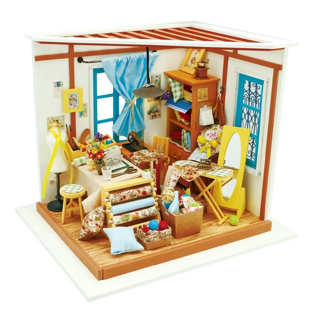 Robotime DIY Puppenhausmöbel Licht Holz Miniatur Puppenhaus Kits Lisa's Tailor Spielzeug für Kinder Mädchen Geschenk LJ201126
