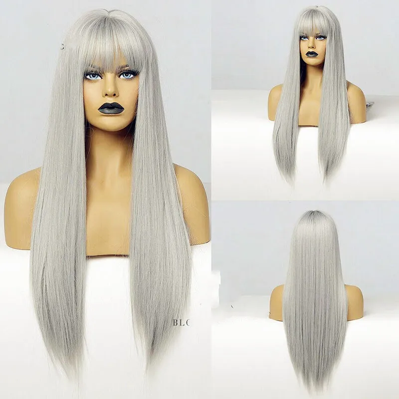 Gray Color Synthetic Hair Wigs With Full Neat Bangs Long Silky Straight Heat Resistant Synthetic Replacement Hair Wigs For Fashion BlackWomen