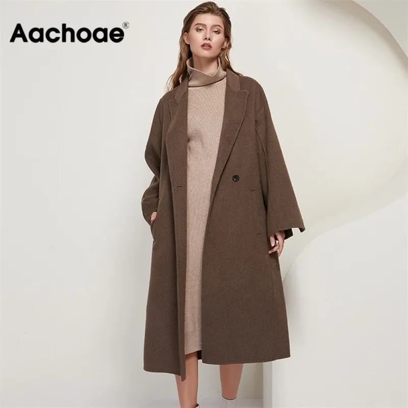 ACHOAE 솔리드 컬러 100 % 양모 롱 코트 여성 느슨한 캐주얼 긴 소매 샤워 겉옷 더블 브레스트 세련 된 숙녀 Overcoat 201210