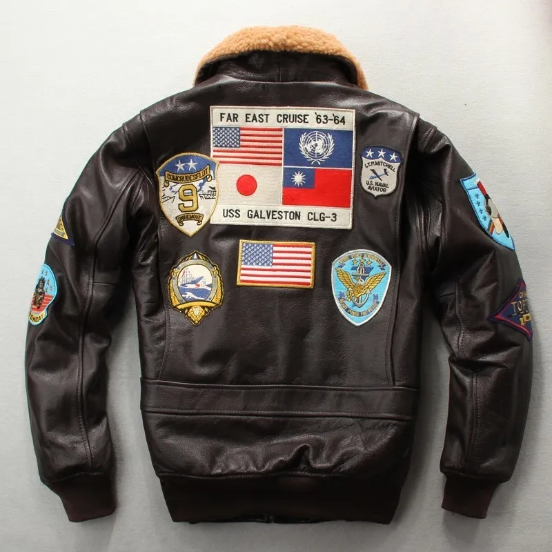 Mens 2020 piloto 100% jaqueta de couro genuíno Tom Cruise Topgun Air Force Air Force multi-rótulo grossa Caos de gado de outono Casacos de inverno LJ201029