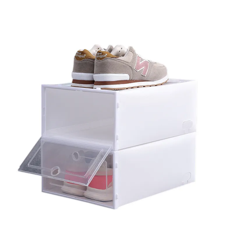 Espesar Caja de zapatos de plástico transparente Caja de almacenamiento de zapatos a prueba de polvo Flip Cajas de zapatos transparentes Caja de organizador de zapatos apilables de color caramelo DBC FWF2690