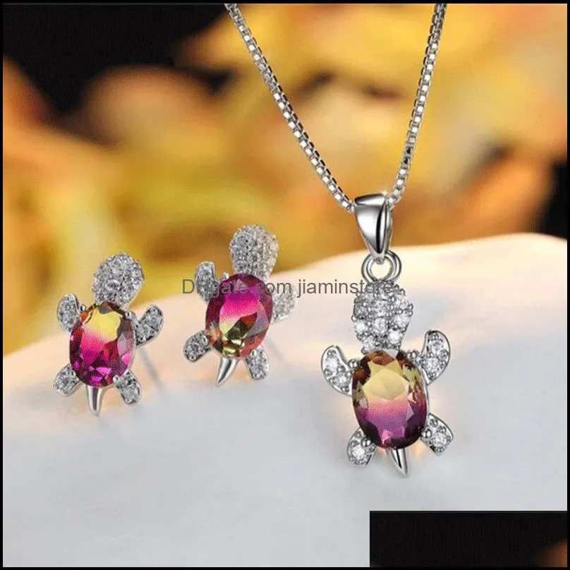 Blue Purple Oval Zircon Turtle Stud Earrings and Chain Necklaces For Women Wedding Jewelry Sets Rainbow Crystal Stone Bridal Se