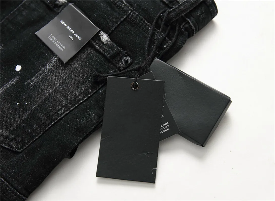 شارة رجالي جديدة تمتد سراويل جينز أسود مصمم أزياء ضئيلة فلادة مغسولة سراويل جينز مركبة على السراويل الهيب هوب 300G