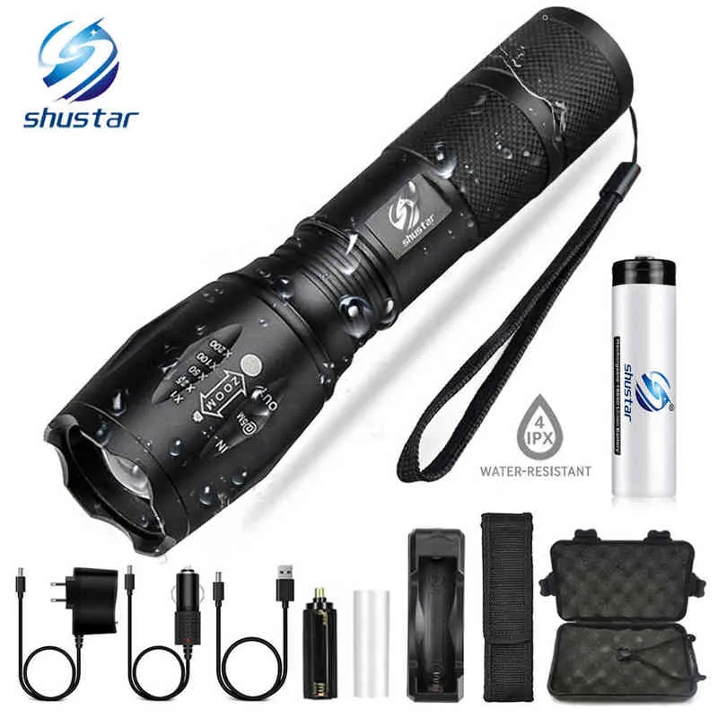 Shustar Led Flashlight Ultra Bright Torch L2/V6 Camping Light 5 Switch Mode Waterproof Zoomable Bicycle Light Use 18650 Battery J220713