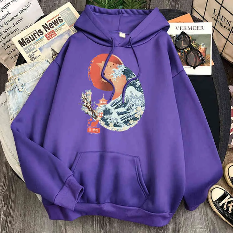 Japan Ukiyoe Print Hoodies Mann Casual lose Hip Hop Streetwear Mit Kapuze Herbst Herbst Winter Fleece Sweatshirts Anime Harajuku Hoody H1227