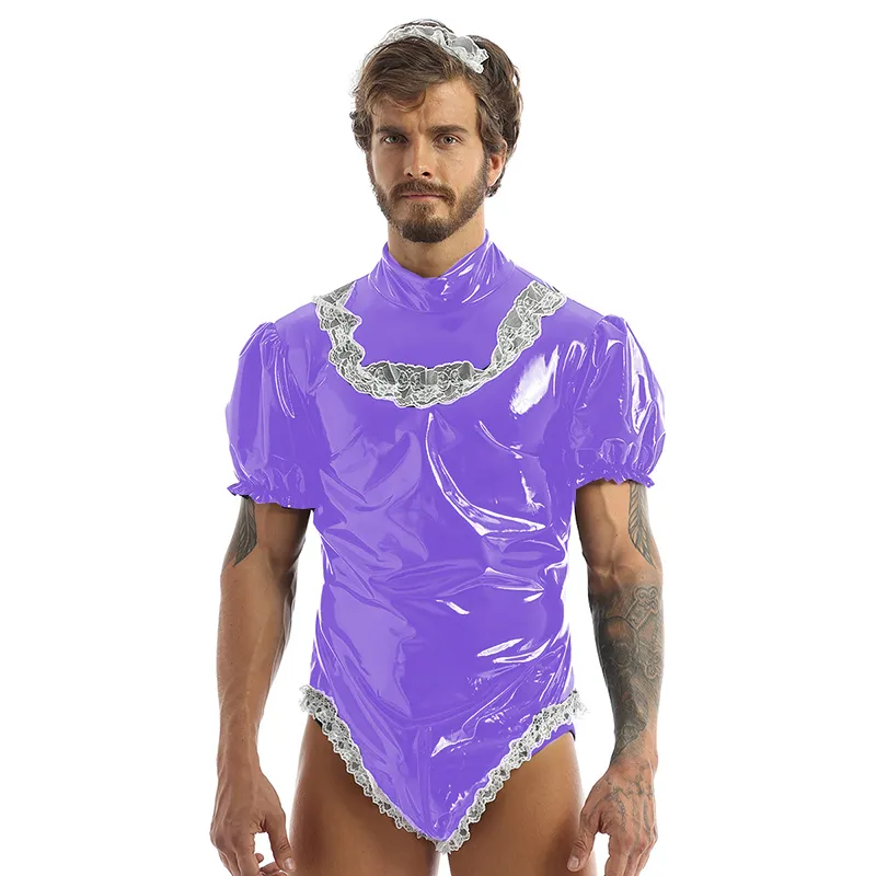 21 Kolory Sexy Men Maid Cosplay Party Costume Wetlook Lace Clubwear Latex Puff Sleeve Sleeve High Cut Leotard PVC Bodźszek Zipper Body