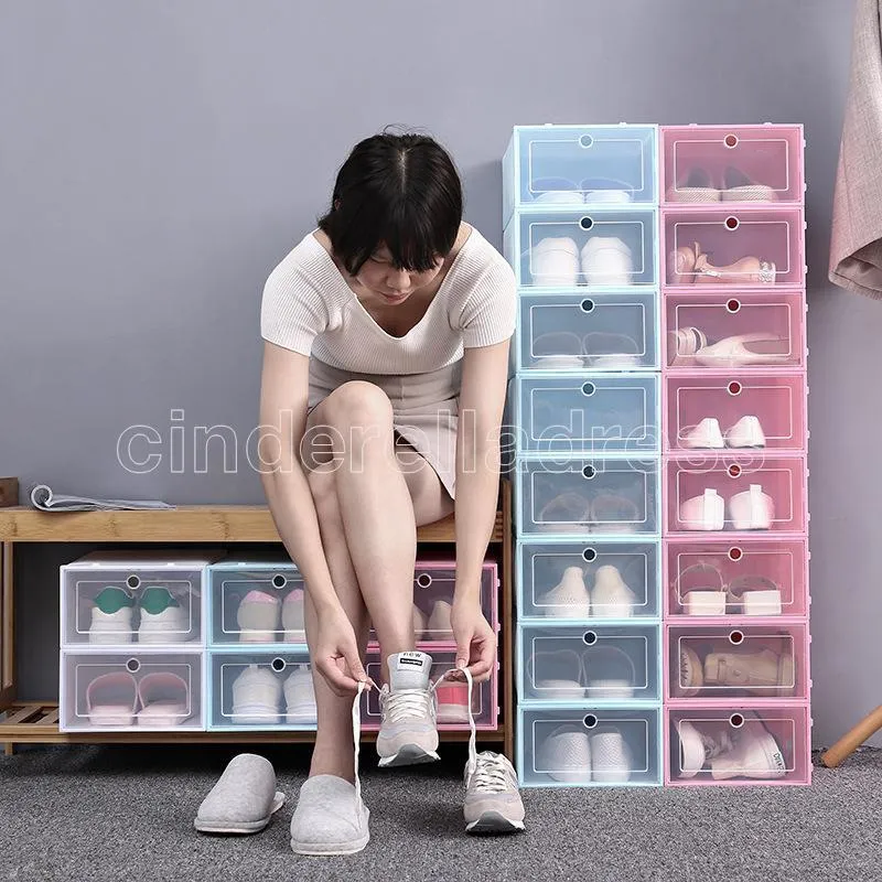 Thicken Clear Plastic Shoe Box Dustproof Shoe Storage Box Flip Transparent Shoe Boxes Candy Color Stackable Shoes Organizer Boxes