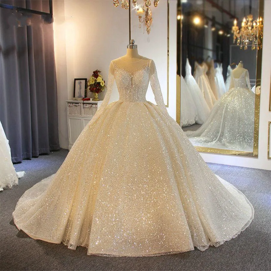 Köpüklü 2021 Balo Gelinlik Şeffaf Mücevher Boyun Aplike Payetler Uzun Kollu Dantel Gelinlikler Custom Made Abiti Da Sposa