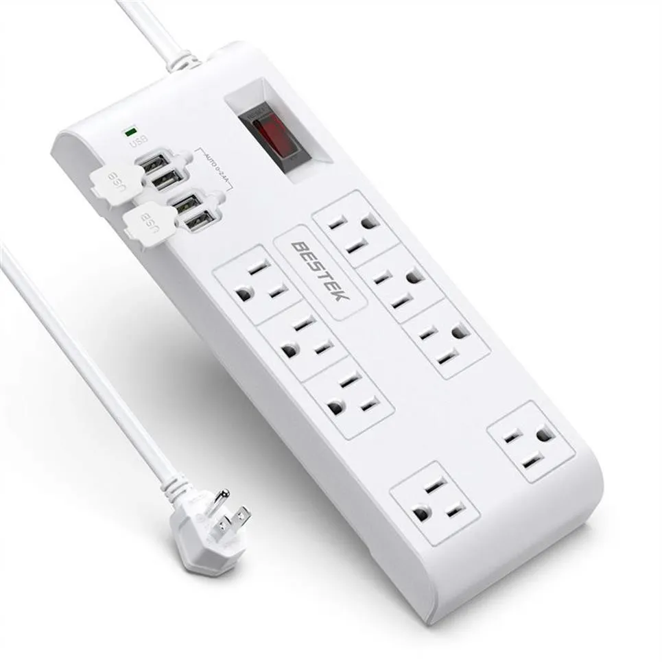 US Stock Bestek 8-Outlet Plug Surge Protector Power Strip med 4 USB-portar, 5V 4.2A, 6-fots tunga förlängningssladd A01252L