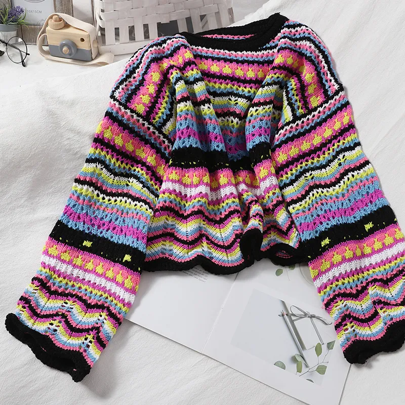 トップス Wizzard STRIPE CROCHET KNIT DHgate.com:Womens Multicolor Striped Crochet Sweater - O