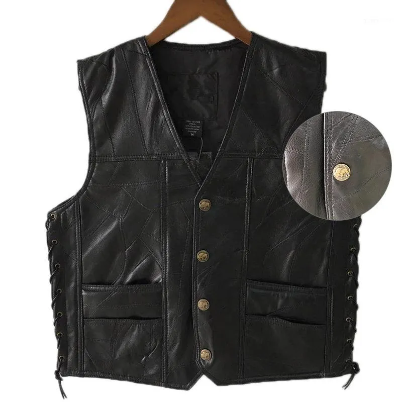 Men's Vests Black Leather Motorcycle Vest For Men Genuine Punk Biker Lace Button Autumn Sleeveless Jacket Men1