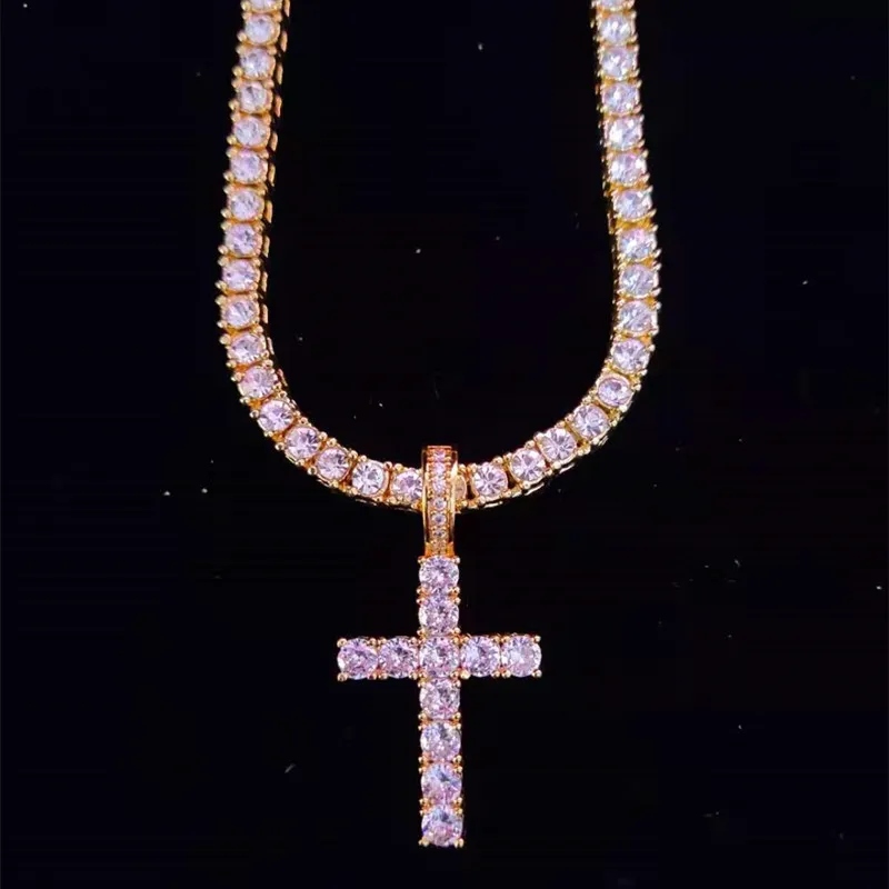 Colliers pendentifs hommes femmes Hip Hop collier croix avec chaîne de tennis en zircon de 4 mm glacé Bg HipHop bijoux cadeau de mode_voghion.com