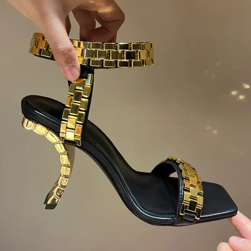 2022 Luxury Designer high heel sandals women`s metal watch with word buckle 10cm thick heel Roman open toe latest fashion spring and summer shoes golden white 35-41 box