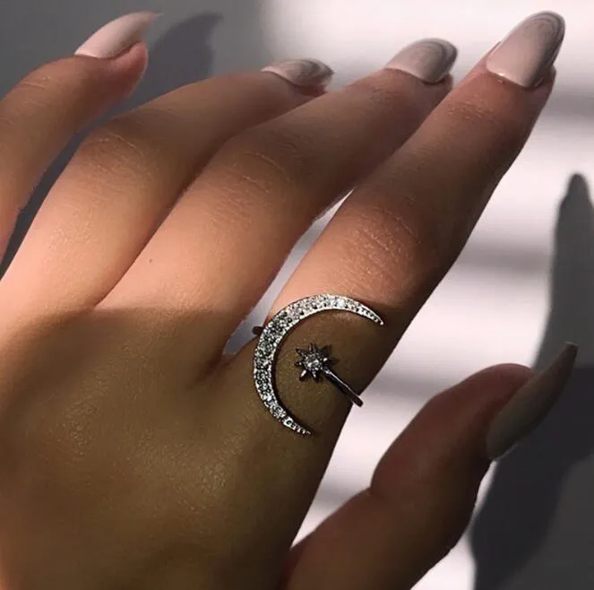 Мода луна и звездные кольца пальцев креативное открытие кольцо бог серебро для женщин девушка взаимодействие свадебный подарок