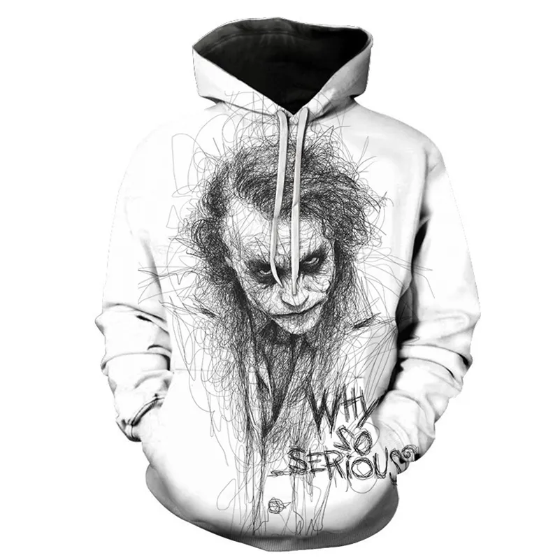 Nowy Biały Joker Bluzy męskie Męskie Bluzy Hip Hop Streetwear Płaszcz 3D Drukowanie Kapturem Mężczyźni Casual Śmieszne Dresy Topy Joker 201005