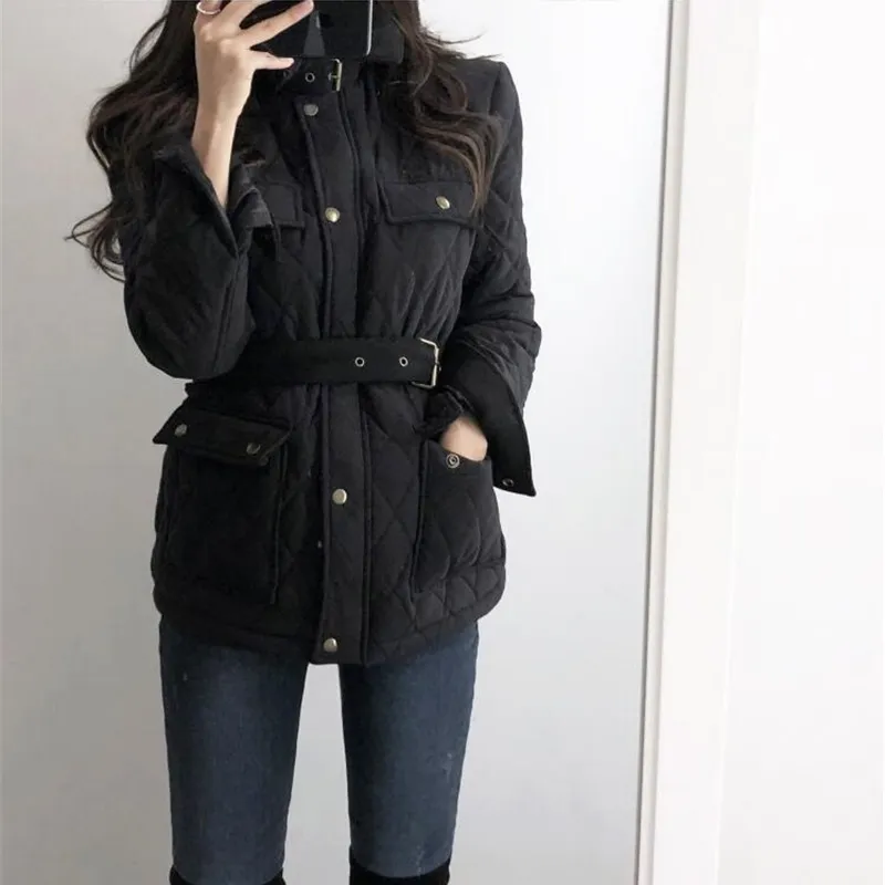 Alta Qualidade Casaco de Inverno Mulheres Moda Zipper Cinturão Ferramental Parka Slim Grosso Quente Casaco Casual Casual Streetwear Overcoat 201026