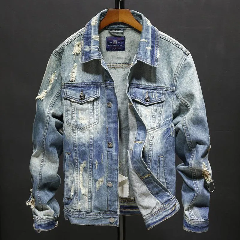 Denim Ceketler Erkekler Kovboy Slim Fit Bombacı Ceket erkek Yırtık Jean Ceket Hip Hop Streetwear Coats