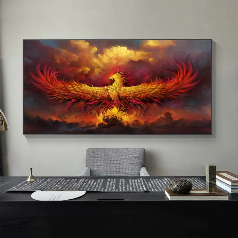 Pintura de lona Arte de parede dourada Pássaro Phenix imagem Posters e impressões de parede para sala de estar pinturas decorativas