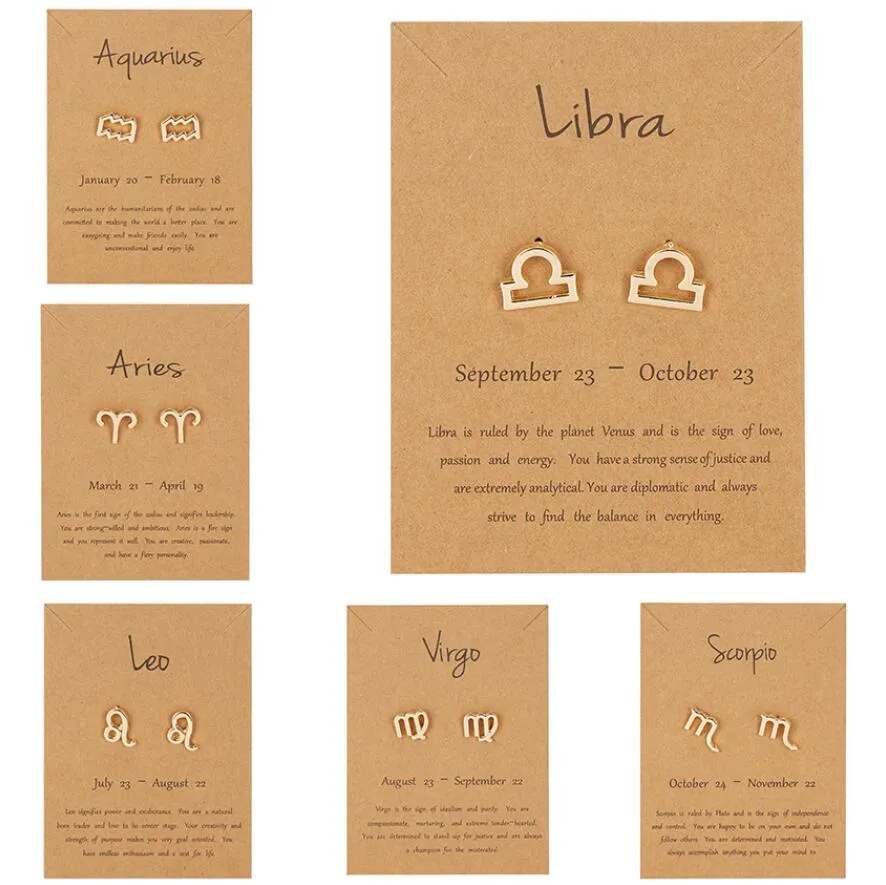 Mode 12 Constellation Stud Örhängen för kvinnor Zodiac Sign Rostfritt stål Smycken Astrologi Leo Libra Aries Guld Örhängen Kvinna Present