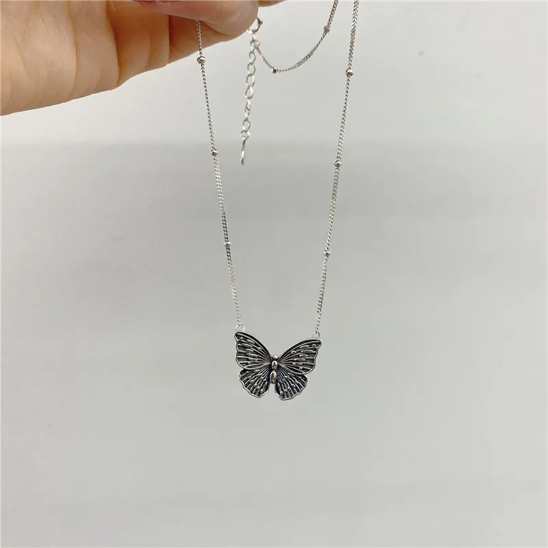 Real 925 Sterling Silver Butterfly Pendant Necklace Women, Vintage Bead Neck Chain Necklaces Woman Fine Jewelry Birthday Gifts Q0531