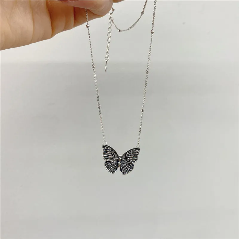 Real 925 Sterling Silver Butterfly Pingente de Colar Mulheres, Vintage Bead Neck Cadeia Colares Mulher Fine Jewelry Presentes de Aniversário q0531