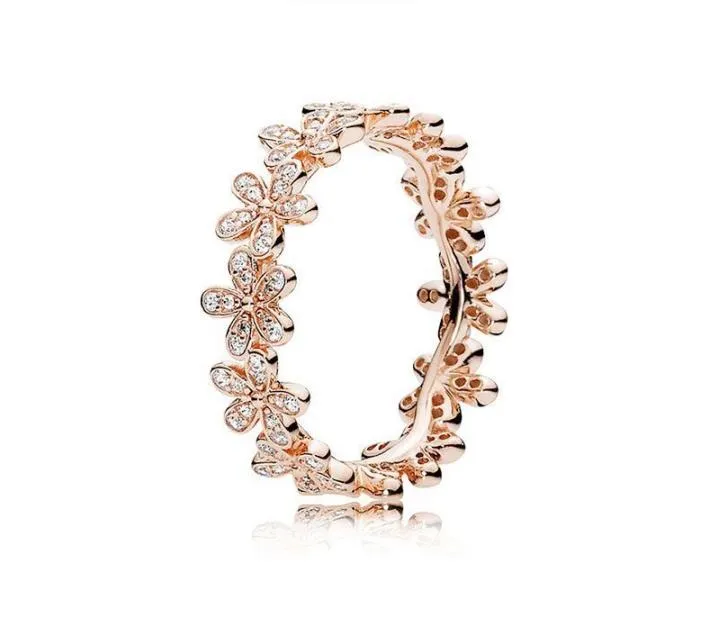 18K Rose Gold \ Silver Bländande Daisy Meadow Stackbara ring Originalbox för Pandora 925 Sterling Silver Designer Rings Set