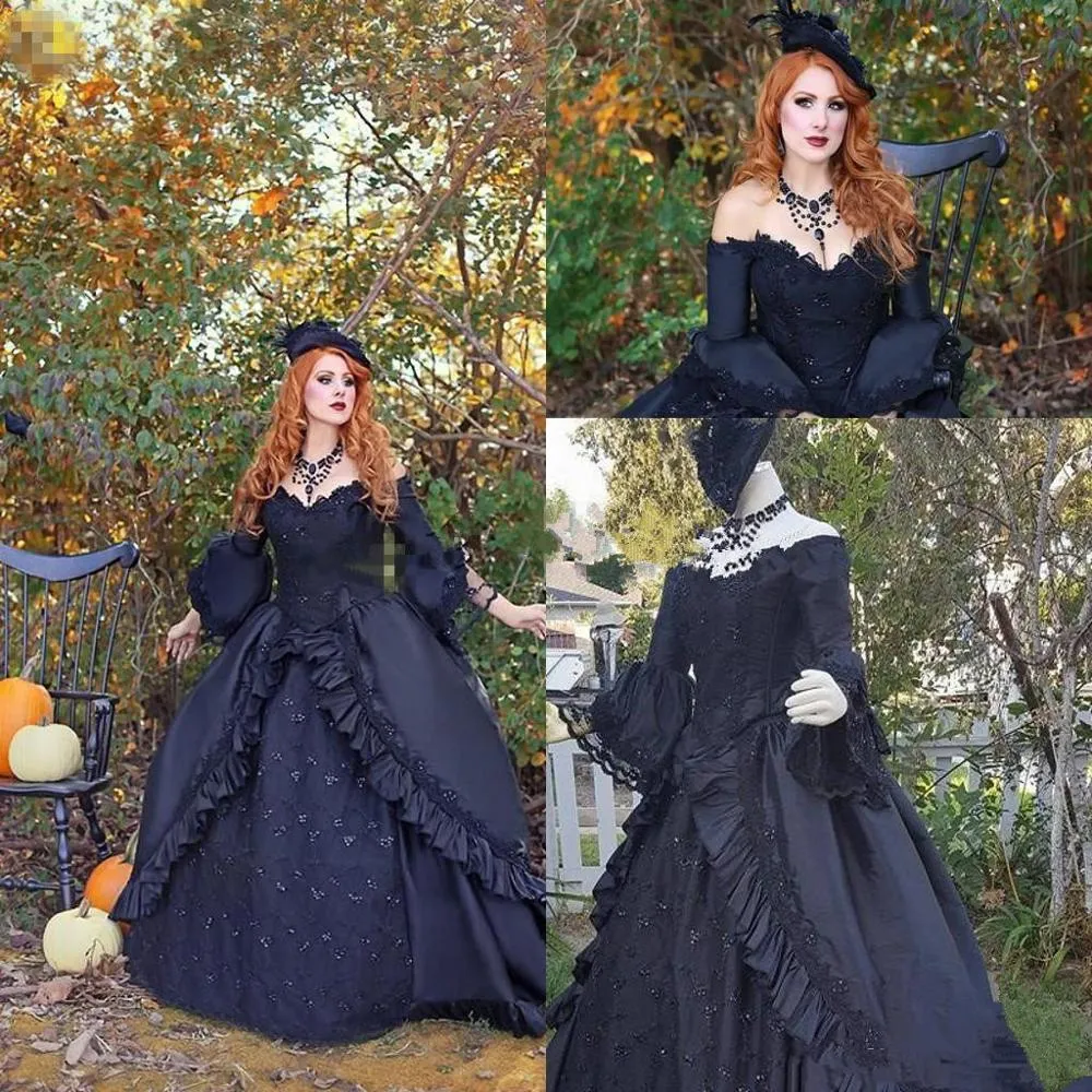 Vintage Victorian Black Ball Gown Wedding Dresses with Long Sleeve 2021 Retro Plus Size Lace Gothic Corset Lace-up Back Bridal Gowns AL7260