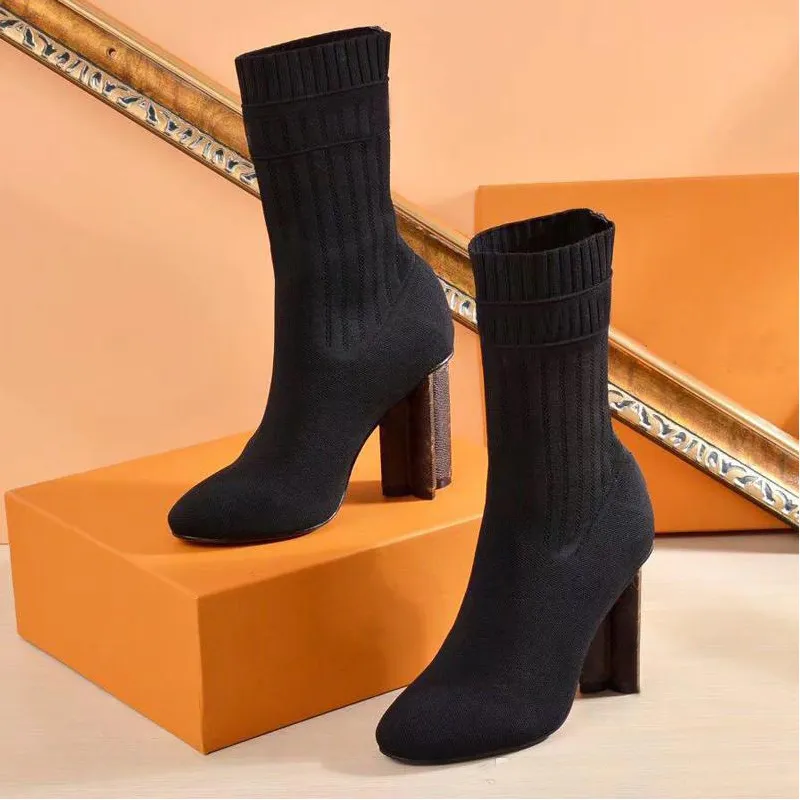 Vendita calda-Autunno inverno Stivale tacco alto Stivali elastici lavorati a maglia lettera Tacchi spessi scarpe donna sexy calzini moda stivali signora Tacchi alti Grandi