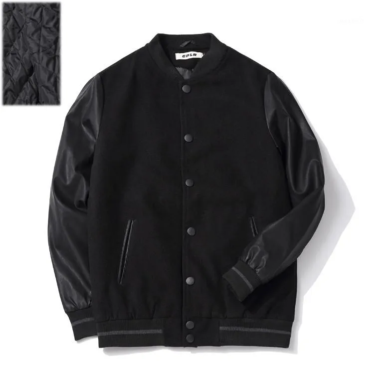 Wholesale- Men big size baseball jacket 6xl 5xl 4xl Leather sleeve Cotton padded Black Autumn Winter1