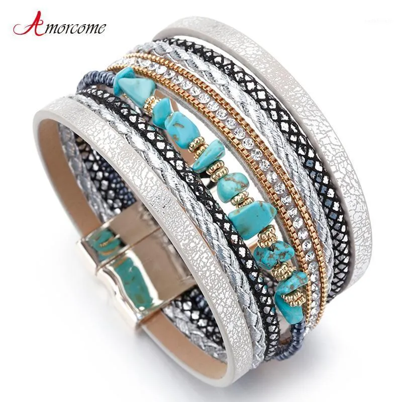 Charm Armbänder Amorcome Blauer Naturstein Leder für Frauen Trendy Boho Geflochtenes Seil Breites mehrschichtiges Wickelarmband Weiblicher Schmuck1