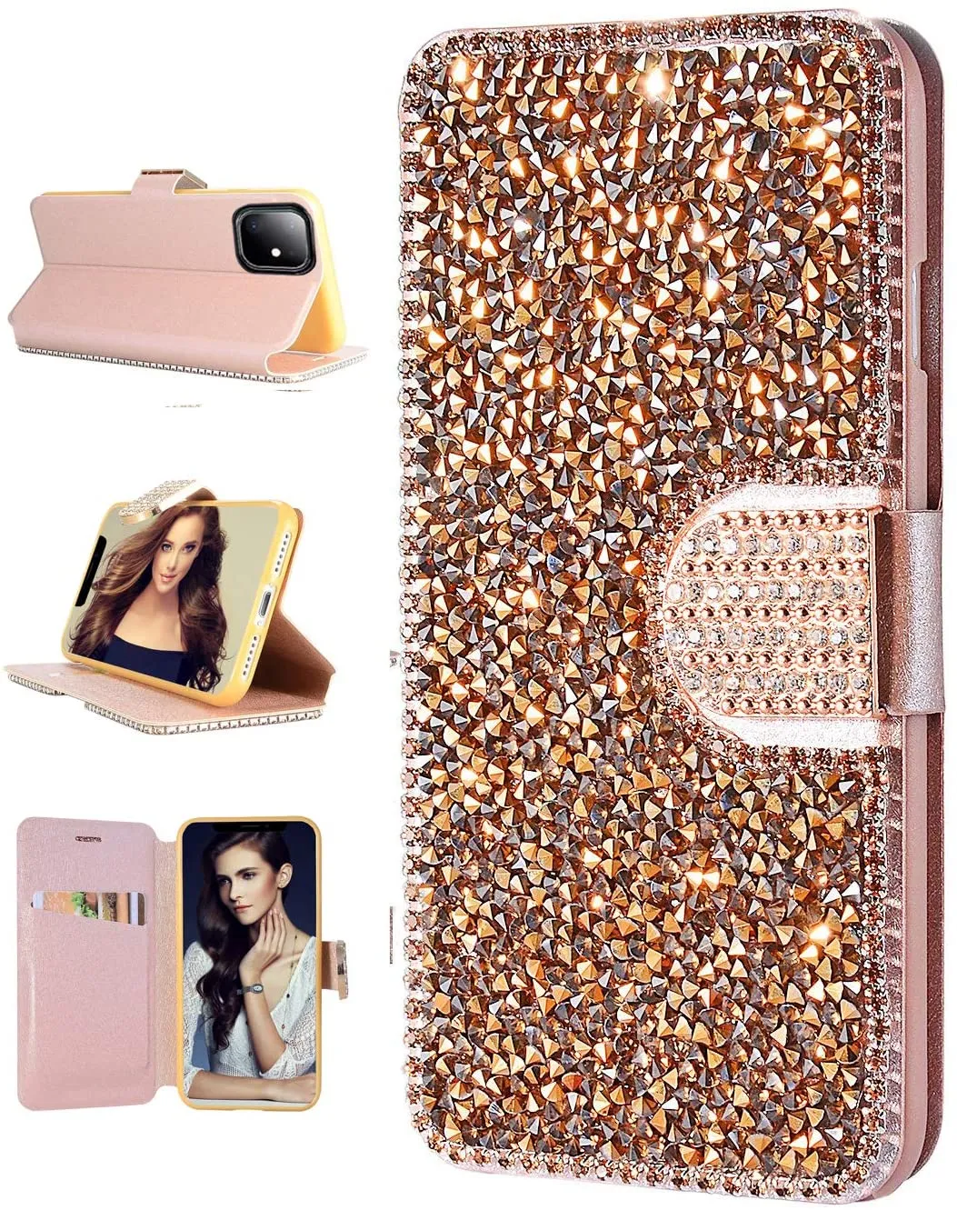 Étuis de téléphone portable à rabat magnétique en strass de luxe avec porte-carte Glitter Bling Femmes et filles Couverture de protection pour iPhone 13 12 11 Pro Max X XR XsMax 7 8plus