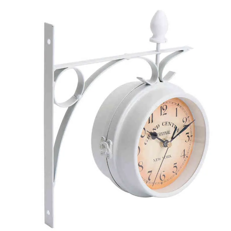 1 pc estilo europeu antique relógio de parede branco ferro pendurado relógios de dois lados relógio clássico para casa decoração do escritório H1230
