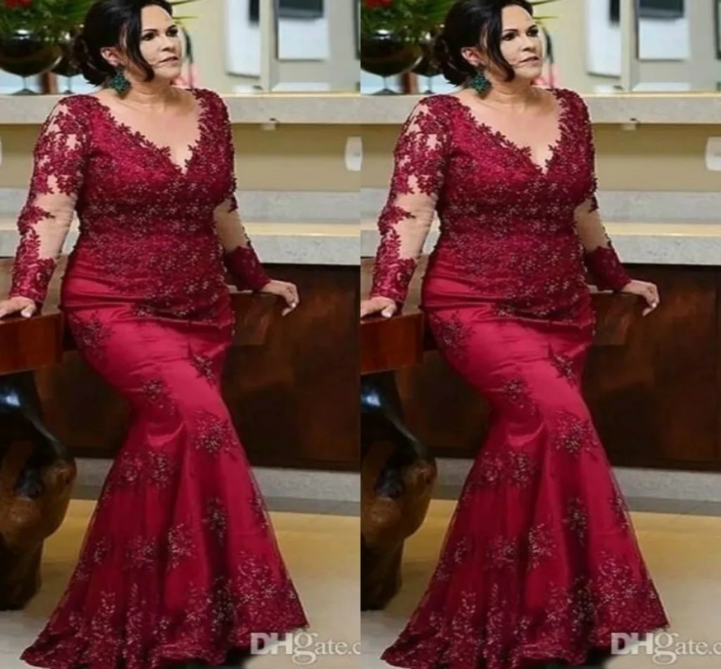 Vintage Burgundy Długie Rękawy Prom Matka panny Młodej Suknie 2022 Plus Size Lace Zroszony Cekiny Wieczór Czerwony Carpet Formalne Suknia
