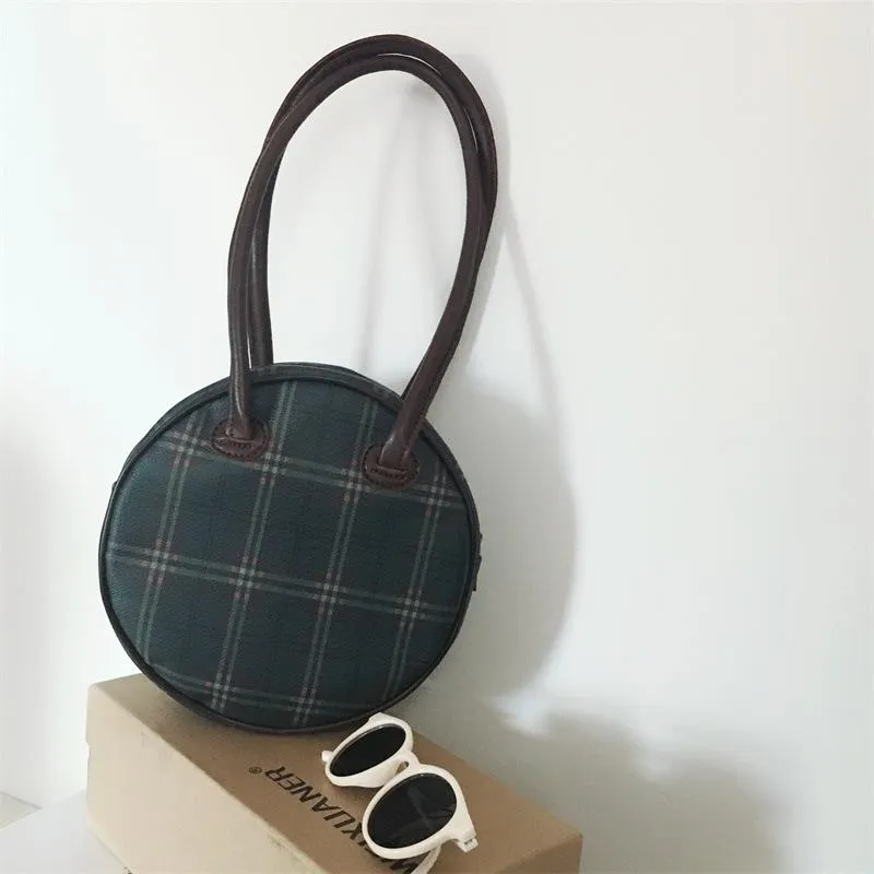 Bolsos Baguette de cuero a cuadros HPB para mujer, bolso de hombro redondo pequeño Vintage para mujer, bolso de mano a la moda para mujer, bolso para axilas, Bolsas