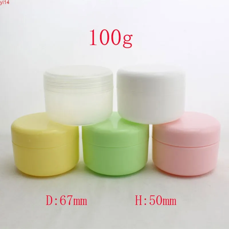 Envases de lata de plástico redondos vacíos de colores 100ml, 100g envases de maquillaje cosmético Frasco de botellas de PP con tapas blanco / rosa / amarillo de alta calidad