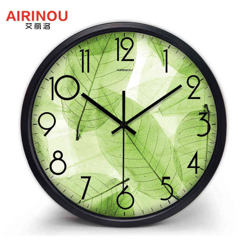 Airinou Nuovo design Orologio da parete verde Foglia traslucida Natura Abbastanza soggiorno Vetro al quarzo Orologio silenzioso per decorazioni per la casa H1230