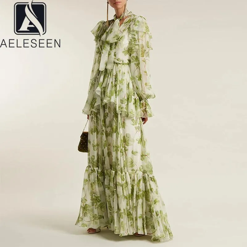 Aeleseen Runway Fashion Women Dress Designer New Ruffles Green Flower Print Lantern Sleeve Cascading Maxi Party Elegant Dresses