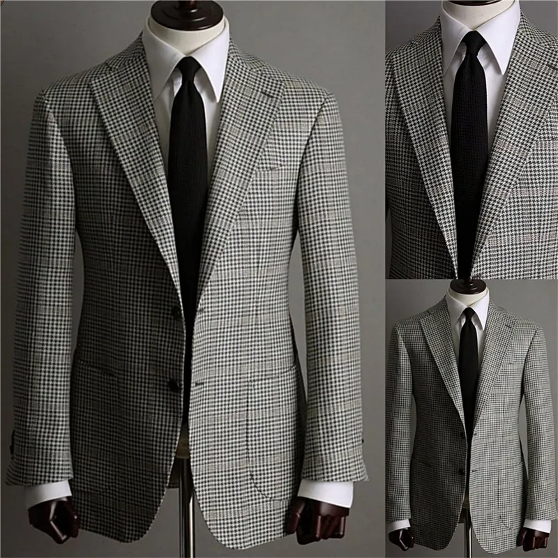 Mode Houndstooth Wedding Tuxedos Men Suits Custom Made Jacket Glen Plaid Two Button Tuxedos Peaked Lapel Blazer Business Casual258w