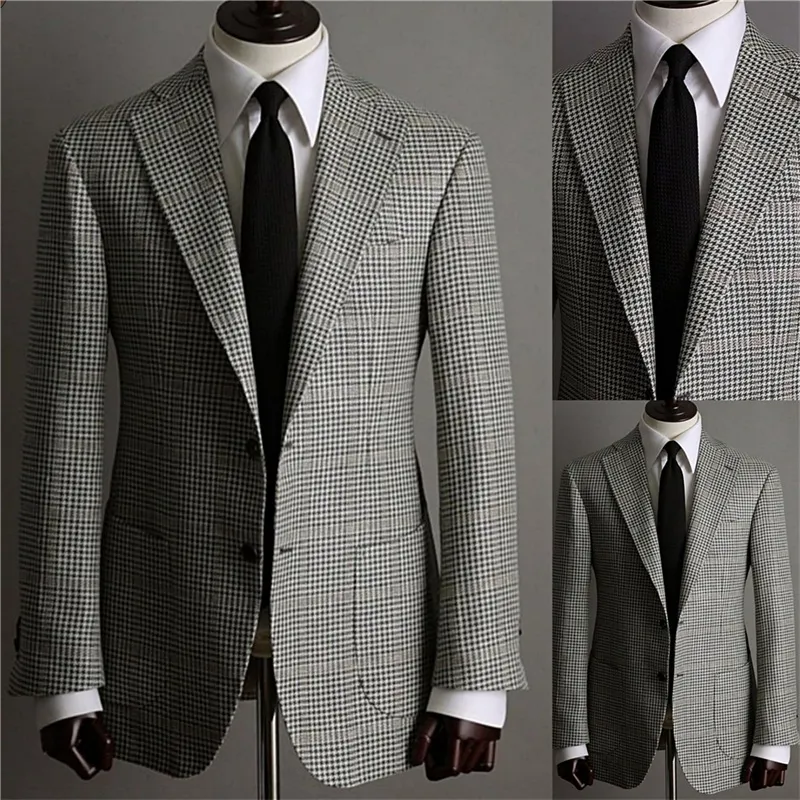 Moda Houndstooth Casamento Smoking Masculino Ternos Custom Made Jaqueta Glen Xadrez Dois Botões Smoking Pico Lapela Blazer Negócios Casaco Casual