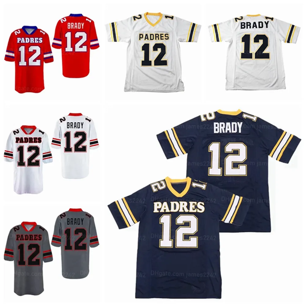 Maglia da calcio personalizzata Retro Tom Brady 12 # High School cucita blu bianco rosso grigio Qualsiasi nome Numero Taglia S-4XL Maglie Camicia di alta qualità