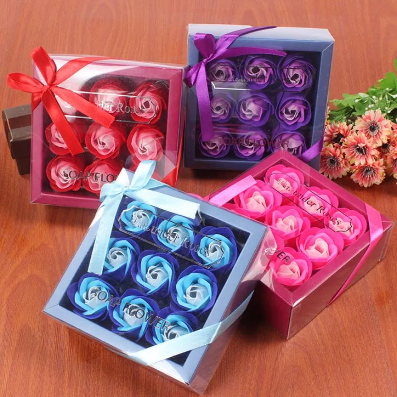9 Pcs Rose Flower Box Valentine Days Gift Wedding Mother Day Birthday Day Artificial Flowers 8color HH21-22