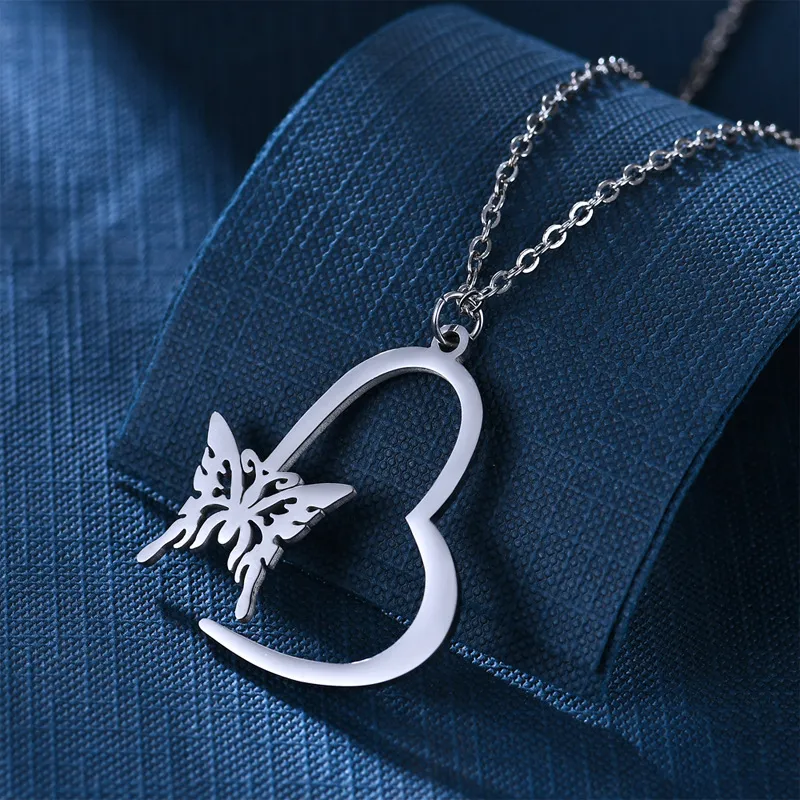 Stainless Steel heart butterfly Necklace pendants Hollow for women fashion jewelry will and sandy gift