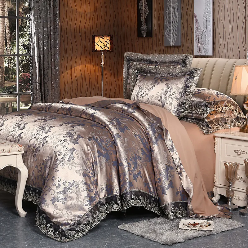 4 Pieces Silver Brown Luxury Satin Cotton Lace Bedding sets Double Queen King size bedding duvet cover bed sheet set Pillowcases T200706